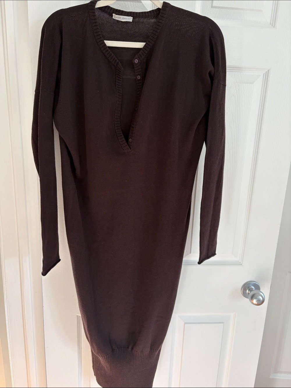 Sarah Pacini Chocolate Brown Long-Sleeve Knit Henley Dress